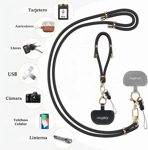 Vista 6 de Kaptron 2 cordones para teléfono celular: correa universal ajustable para teléfono y correa de muñeca, con 2 clips de langosta y 2 parches