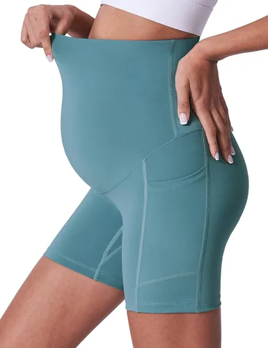 Vista 5 de POSHDIVAH Pantalones cortos de maternidad para mujer sobre el vientre entrenamiento yoga activo verano embarazo correr leggings cortos de 5 pulgadas