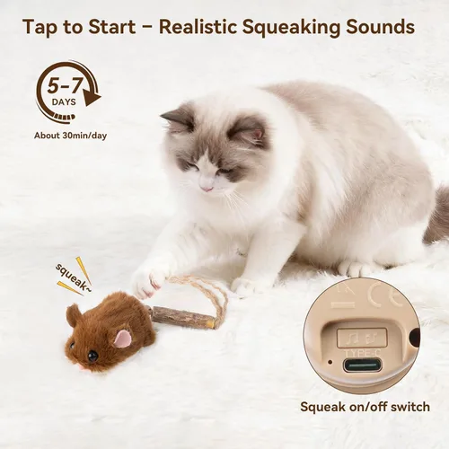 Vista 3 de Migipaws MigiMouse - Juguete interactivo para gatos con giro de 360° con cola meneante para gatos de interior, sensor de movimiento inteligente