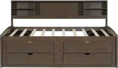 Vista 7 de DEINPPA Cama capitán completa con cabecera de almacenamiento, sofá cama matrimonial con cajones y armarios, marco de cama de plataforma de madera
