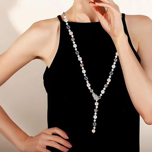Vista 2 de Collar en forma de Y, collar bohemio con perlas de cristal y hojas colgantes, collar largo a la moda, elegante, con borla, suéter de cadena