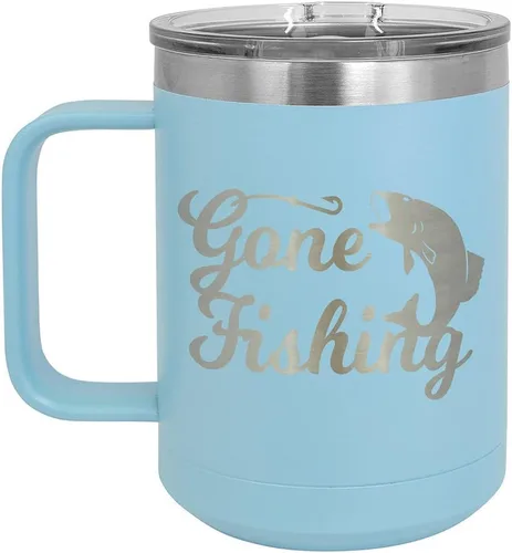 Vista 8 de GONE FISHING Taza de café negra de 15 oz con tapa deslizante Taza de café de viaje aislada Ideas de regalos de cumpleaños o Navidad de mujeres u