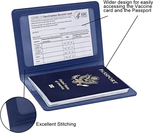 Vista 3 de Combo de soporte para pasaporte, pasaporte y tarjetero de vacunación, marrón + azul oscuro