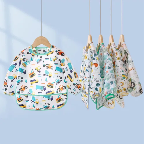 Vista 7 de Paquete de 5 baberos de manga larga, baberos impermeables para bebés de 6 a 30 meses, reutilizables, con bolsillo para todo