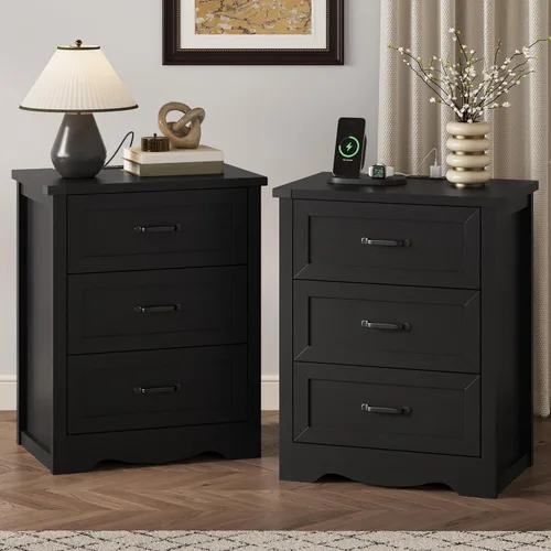 Vista 20 de Mesita de noche con 3 cajones, mesa auxiliar de 61 cm de ancho estilo granja, mesa de noche de madera rústica con asa metálica, cómoda moderna