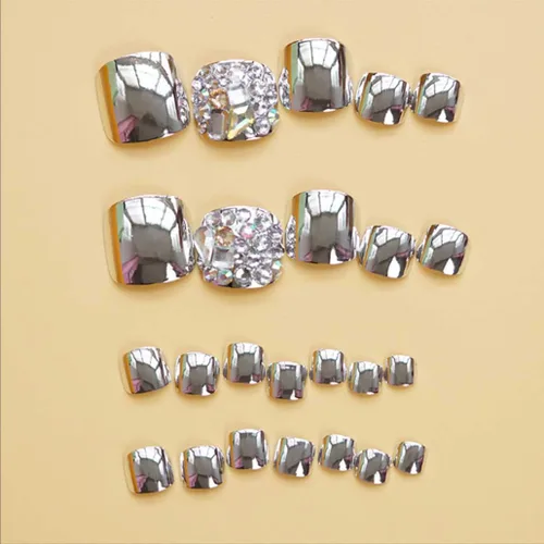 Vista 2 de Foccna Uñas postizas plateadas con purpurina, uñas postizas a presión, uñas postizas, uñas postizas de lujo, uñas postizas acrílicas con diamantes