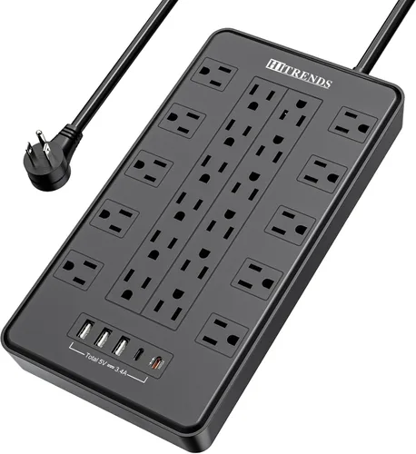 Vista 12 de HITRENDS - Regleta de alimentación con USB, cable de extensión de enchufe plano de 6 pies con 8 tomas, 3 puertos USB y 3 puertos tipo C (5V/3A)
