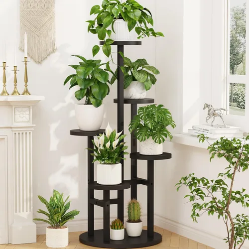 Vista 23 de LASZOLA Soporte Negro de Madera de 5 Niveles para Plantas de Interior para Macetas Más Grandes de Servicio Pesado, Estantes Verticales Resistentes