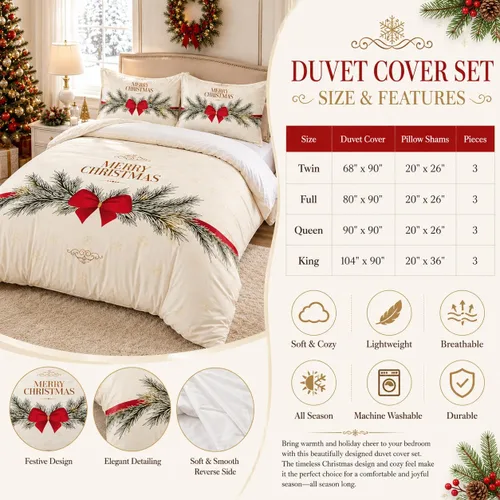 Vista 7 de Juego de funda de edredón de Navidad 3D, fundas de edredón y fundas de almohada con patrón de lazo rojo, juegos de ropa de cama de color pulido Chri