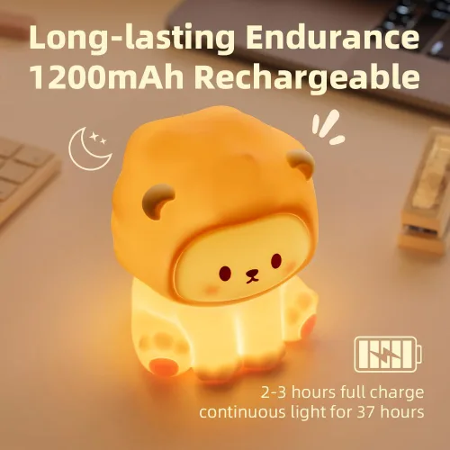 Vista 6 de Linda luz nocturna de león para niños, lámpara recargable de guardería con temporizador, 3 niveles de brillo y luz cálida, luz nocturna de silicona