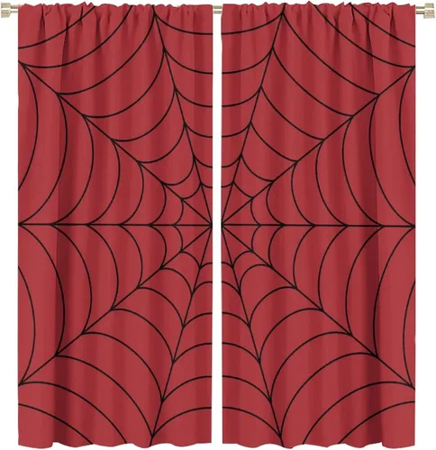 Vista 50 de Cortinas opacas de tela de araña aterradora para niños, tela de araña en blanco y negro, fondo rojo, dormitorio de niños, guardería, decoración