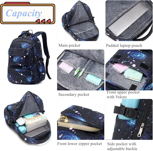 Vista 5 de Mochila escolar con estampado de galaxia para niños, mochila de escuela media primaria