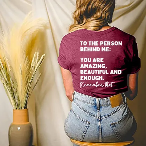 Vista 3 de Camiseta con texto en inglés "You Matter to The Person Behind Me" para mujer, camiseta casual de manga corta con cuello en V, camiseta inspiradora