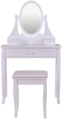 Vista 5 de Casart Juego de taburete de tocador de maquillaje de madera con espejo y 3 cajones de maquillaje (blanco)