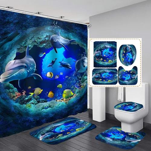 Vista 13 de OLEBETY - Juego de 4 cortinas de ducha con diseño de delfín, medusas de peces tropicales, algas marinas, vida marina, animales marinos, decoración