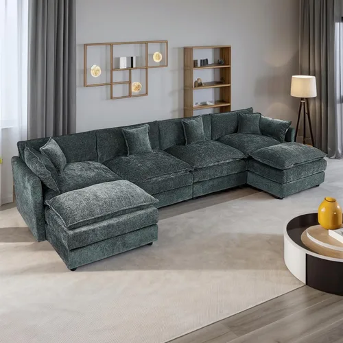 Vista 59 de Setawix Sofá Profundo de 3 Plazas con Otomana, Sofás de Nube en Forma de L de 112.2" para Sala de Estar, Sofá de Nube de Chenilla con Asiento Café