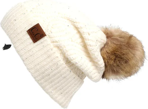 Vista 32 de Gorro unisex liso con pompón y ribete (HAT-43) de C.C Hatsandscarf Exclusives Marfil