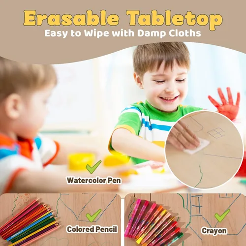 Vista 4 de FUNLIO Juego de mesa y 2 sillas para niños, juego de mesa y sillas para niños de 3 a 8 años, fácil de limpiar, mesa de artes y manualidades