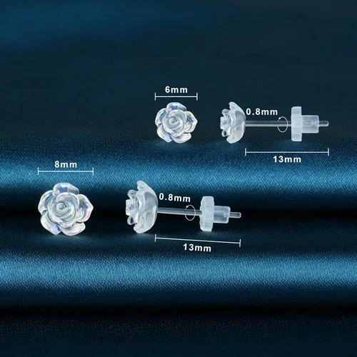 Vista 3 de Aretes de Poste de Plástico para Orejas Sensibles, KMEOSCH 2 Pares (6mm y 8mm) Rosa 3D Transparente Sin Metal Aretes de Tuerca Totalmente
