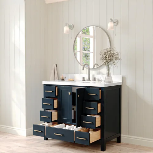 Vista 3 de ARIEL Cambridge - Mueble de baño con lavabo de 42 pulgadas, madera maciza, encimera de cuarzo blanco puro de 1.5 pulgadas, fregadero rectangular