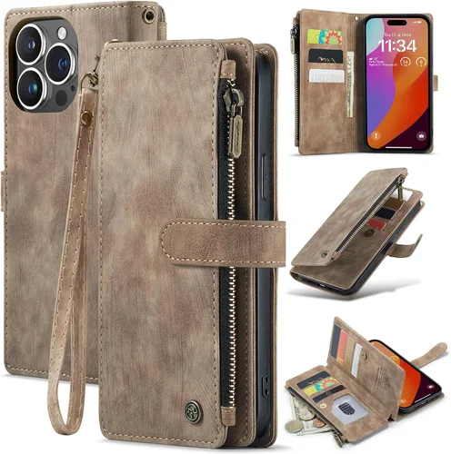 Vista 9 de CaseMe - Funda tipo cartera para iPhone 15 Pro Max, multifunción, hecha a mano, de piel sintética, con cremallera, a prueba de golpes, con cierre