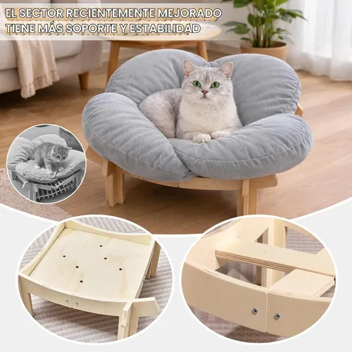 Vista 2 de Cama elevada de madera para gatos con cojín extraíble esponjoso, moderno sofá para gatos en forma de pétalos, sofá para gatos de interior, perros