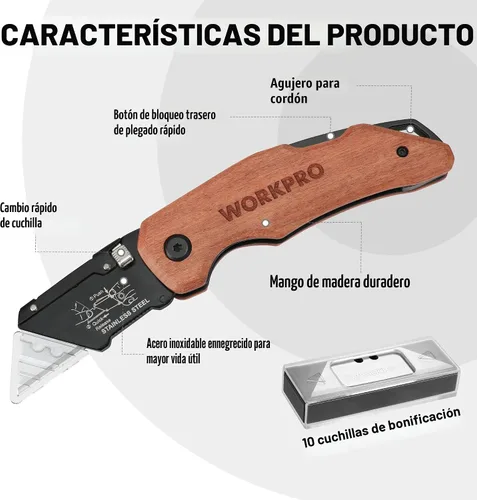 Vista 2 de WORKPRO Cuchillo utilitario plegable con cabeza de acero inoxidable, hoja de cambio rápido y bloqueo trasero, mango de madera resistente, 1 cuchillo