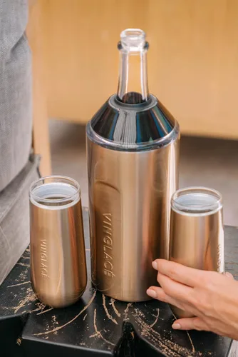 Vista 5 de Vinglacé Enfriador de botellas de champán, enfriador de vino espumoso portátil de acero inoxidable con 2 copas de champán sin tallo, cobre
