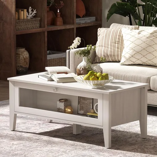 Vista 3 de Bonzy Home Mesa de centro moderna blanca con almacenamiento de puerta de vidrio, mesa central rectangular de madera para sala de estar, 39.4 x 18.9