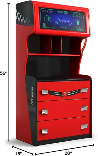 Vista 8 de Cilek GTS EV - Cómoda de 3 cajones con gabinete, diseño de cargador de coche EV, estantes adicionales, cajones de cierre suave, color rojo