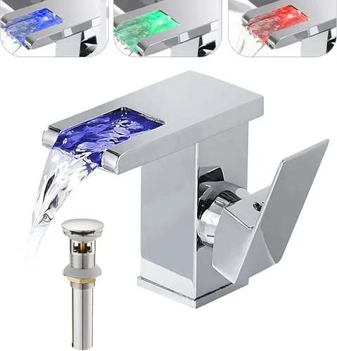 Vista 9 de Grifo de baño con luz LED RGB, boquilla de cascada, color negro, 3 colores cambiantes, mango de un agujero, conjunto de drenaje a juego
