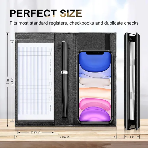 Vista 7 de CASMONAL Fundas de chequera para chequera personal RFID de cuero premium para chequera duplicada (negro), Negro -, Minimalista