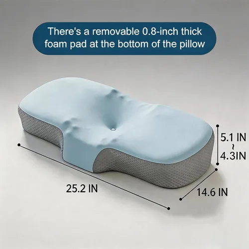 Vista 2 de Almohada ergonómica cervical de espuma viscoelástica para aliviar el dolor de cuello, ajuste para dormir de lado, espalda y estómago con funda Azul