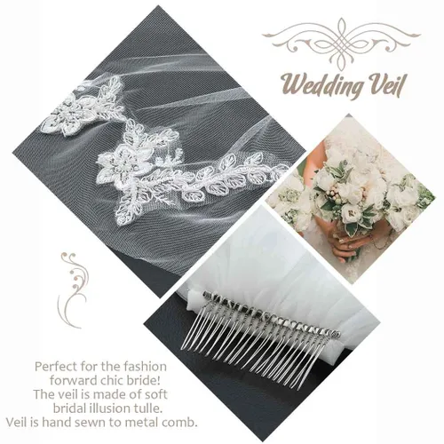 Vista 4 de Unsutuo Velo de boda marfil con apliques de encaje cortos para novia, longitud al hombro, velo de tul nupcial con peine para mujeres y niñas