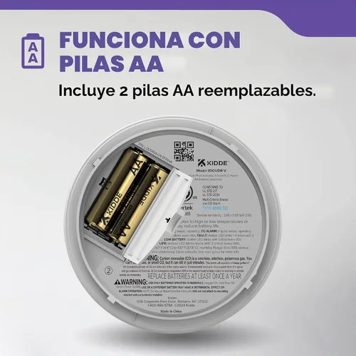 Vista 2 de Kidde - Detector de humo y monóxido de carbono, funciona con pilas AA, alertas de voz, indicadores de luz de advertencia LED, 30CUDR-V