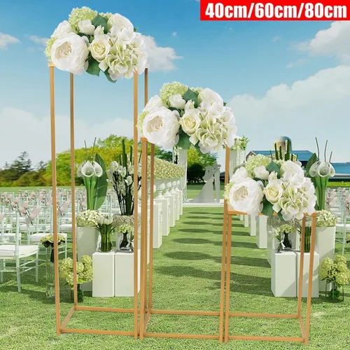 Vista 3 de Jarrones de columna para centros de mesa de boda, 3 piezas, soporte de flores de metal, jarrón alto dorado, estante geométrico rectangular