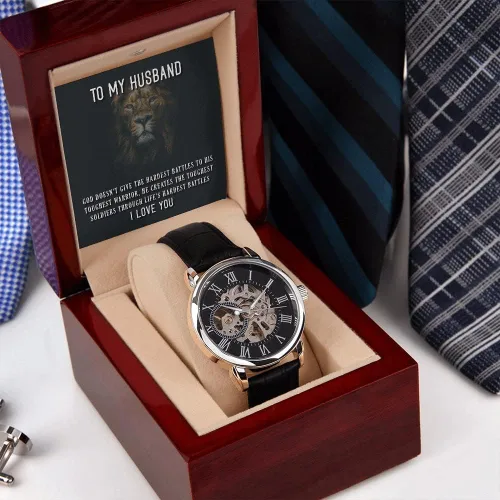 Vista 6 de Reloj To My Husband Regalo para el día del padre Regalo para marido de esposa Wife Loves Husband Reloj calado de lujo para hombre con caja