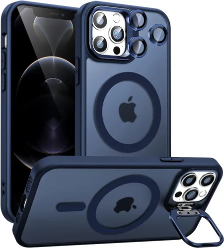 Vista 25 de Funda magnética para iPhone 11 con soporte, compatible con Magsafe, protección militar y protector de lente de cámara, funda translúcida mate