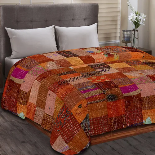 Vista 8 de Boho Sanskriti Colcha de seda india Kantha de retazos de seda tamaño Queen Twin Patola Colcha Negro