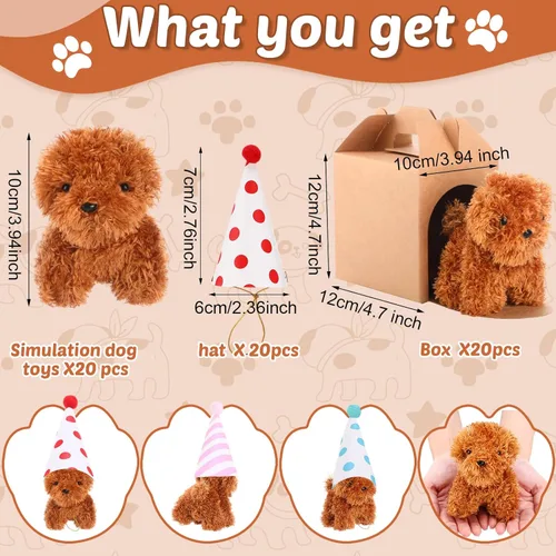 Vista 2 de Juego de 20 Mini Juguetes de Peluche Animales de Peluche Perros con Sombreros de Cumpleaños Cajas de Papel Kraft Cachorros de Peluche Pequeños
