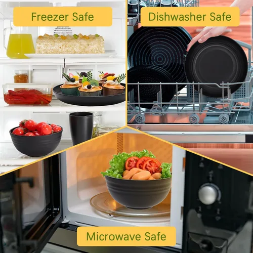 Vista 4 de Juego de vajilla de paja de trigo, 32 piezas, platos de plástico y cuencos Black Unbreakable Dinnerware Set, Reusable Lightweight Dish Set for