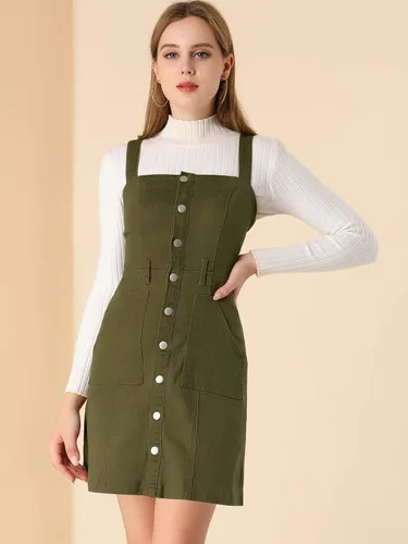 Vista 4 de Allegra K Vestido de mezclilla clásico para mujer, con correa ajustable, acampanado, vestido de mezclilla