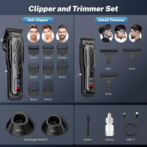 Vista 5 de Brightup Cortadora de pelo de peluquería [sin escobillas de 9000 RPM e inalámbricas] para hombres, juego de cortaúñas y recortadoras profesionales