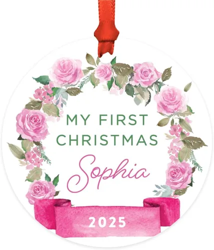 Vista 19 de Andaz Press Adorno de Navidad de madera grabado con láser para aniversario de boda, 1 año juntos, Navidad 2025, pancarta de flores rosas, 1 paquete