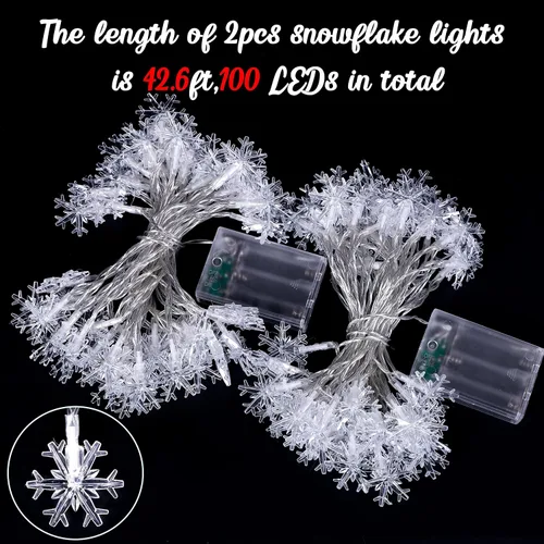 Vista 7 de 2 piezas de 100 luces LED de copo de nieve para colgar decoraciones, Decoración iluminada de invierno para vacaciones, Navidad, suministros