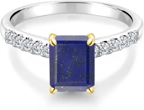 Vista 2 de Gem Stone King Anillo de compromiso de plata de ley 925 y oro amarillo de 10 quilates con corte esmeralda azul y lapislázuli blanco creado