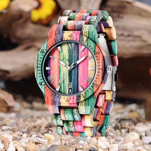 Vista 8 de Tiong Brand Wooden Watches Mens with Handmade Colorful Bamboo Wood Watch Analog Date Quartz Wooden Watch for Men