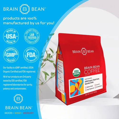Vista 4 de Café orgánico Brain Bean – Sabor suave y tostado medio rico – Alto contenido de antioxidantes y certificado orgánico USDA para el apoyo cognitivo