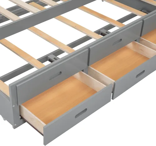 Vista 9 de Polibi Cama de plataforma de tamaño matrimonial con nido individual, marco de cama de madera de pino con almacenamiento, estantería, cajones y Gris