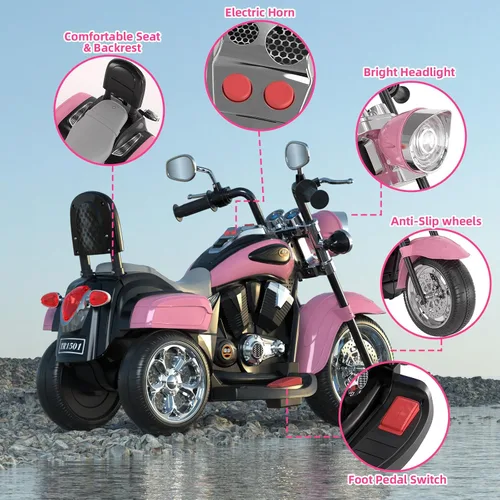 Vista 4 de XJD Motocicleta eléctrica para niños, batería de 6V con claxon y faro, certificada ASTM, juguete de 3 ruedas para montar para niños, motocicleta Rosa